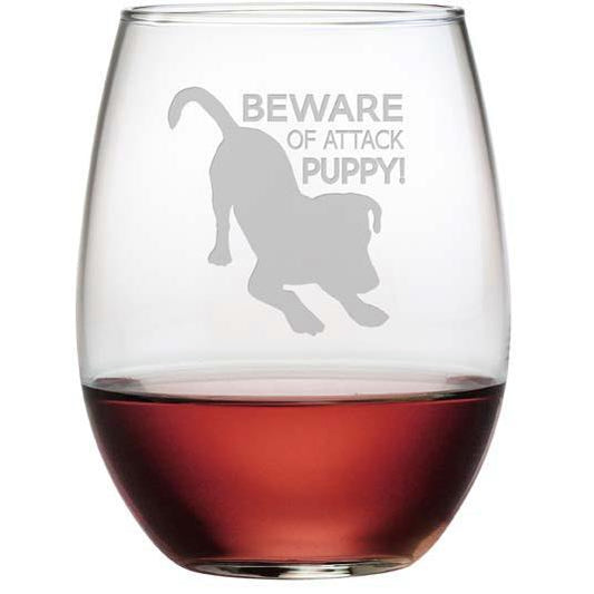 Beware Of Attack Puppy Stemless Wine Glasses, Set Of 4